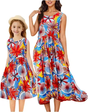 Mommy and Me Family Matching Dresses Summer Floral Print Dress Ruffle A-Line Flowy Beach Sundresses Sleeveless Dress