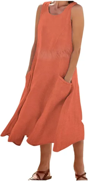 Mzkdieey Maxi Dresses for Women Summer Crew Neck Sleeveless Long Beach Dresses Plain Casual Loose Sundress with Pockets