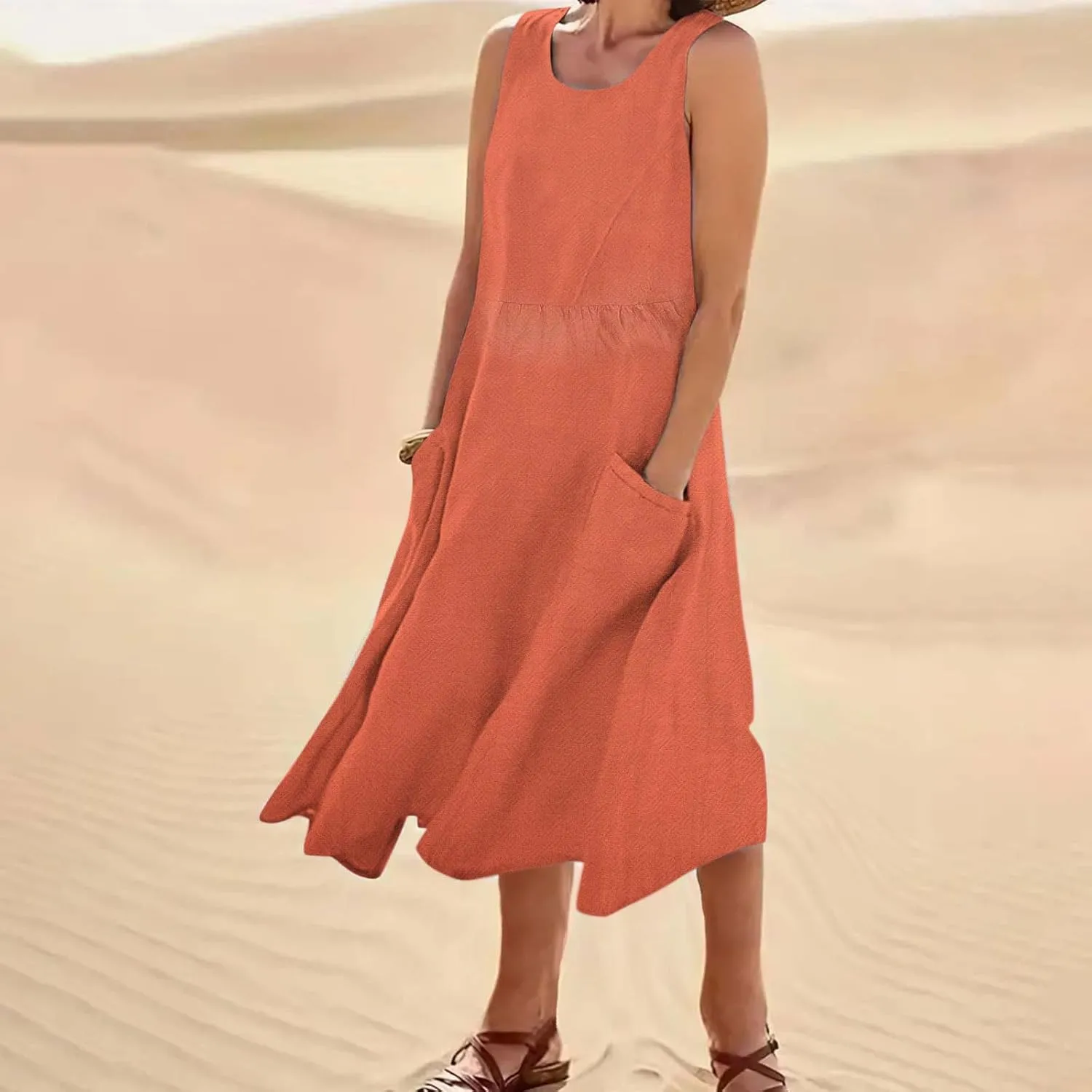 Mzkdieey Maxi Dresses for Women Summer Crew Neck Sleeveless Long Beach Dresses Plain Casual Loose Sundress with Pockets