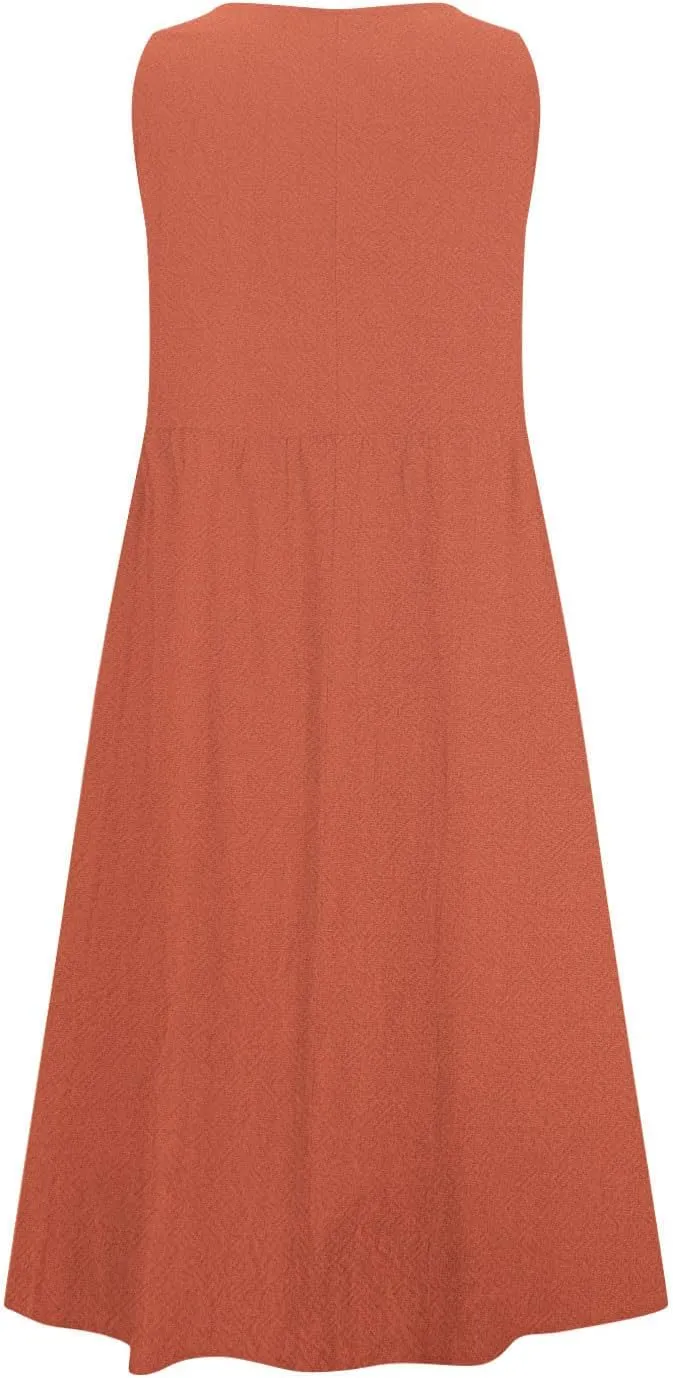 Mzkdieey Maxi Dresses for Women Summer Crew Neck Sleeveless Long Beach Dresses Plain Casual Loose Sundress with Pockets