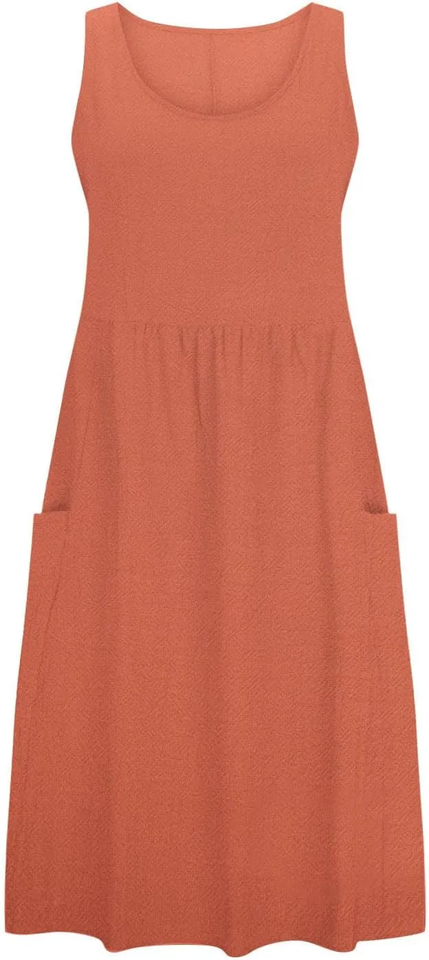 Mzkdieey Maxi Dresses for Women Summer Crew Neck Sleeveless Long Beach Dresses Plain Casual Loose Sundress with Pockets