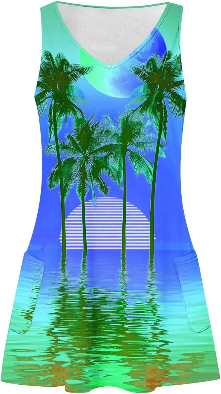Mzkdieey Summer Dresses for Women Sunset Beach Palm Tree Print Tropical Hawaiian Dresses Casual Pockets Boho Tank Sundress