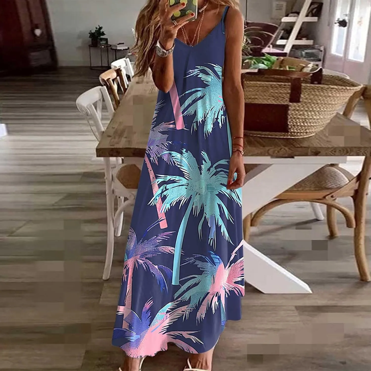 Mzkdieey Women's Beach Palm Trees Print Tropical Hawaiian Dress Spaghetti Strap V Neck Boho Long Maxi Dress Summer Sundress