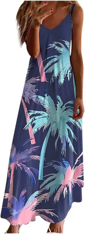 Mzkdieey Women's Beach Palm Trees Print Tropical Hawaiian Dress Spaghetti Strap V Neck Boho Long Maxi Dress Summer Sundress