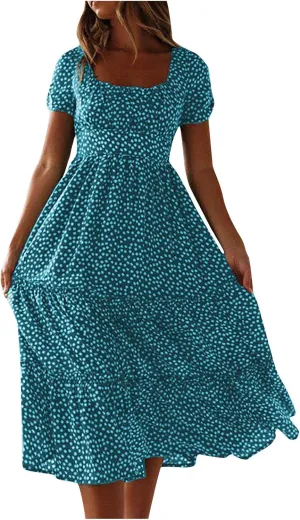 NaRHbrg Women's Polka Dot Maxi Dress Square Neck Short Sleeve A-Line Boho Flowy Summer Dress for Beach Vacation