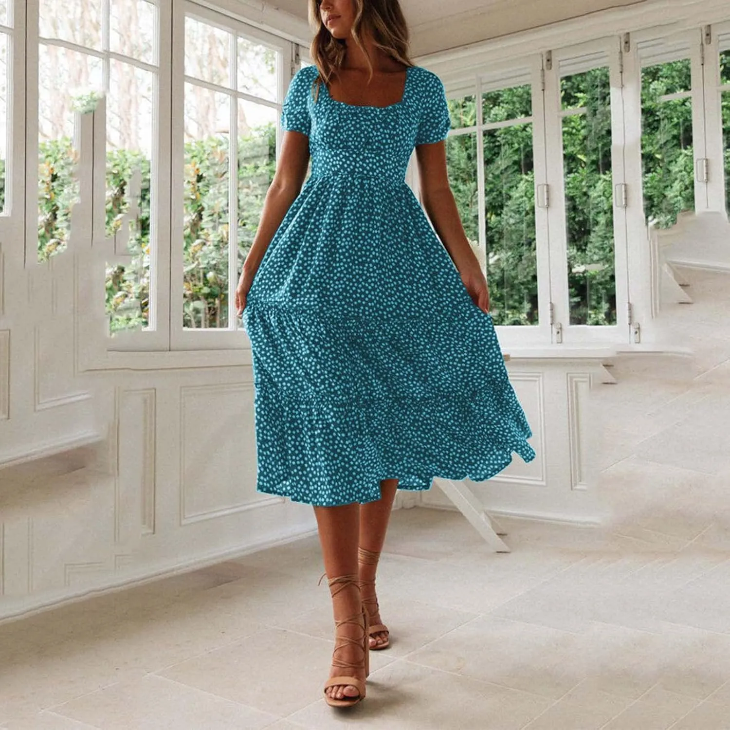 NaRHbrg Women's Polka Dot Maxi Dress Square Neck Short Sleeve A-Line Boho Flowy Summer Dress for Beach Vacation