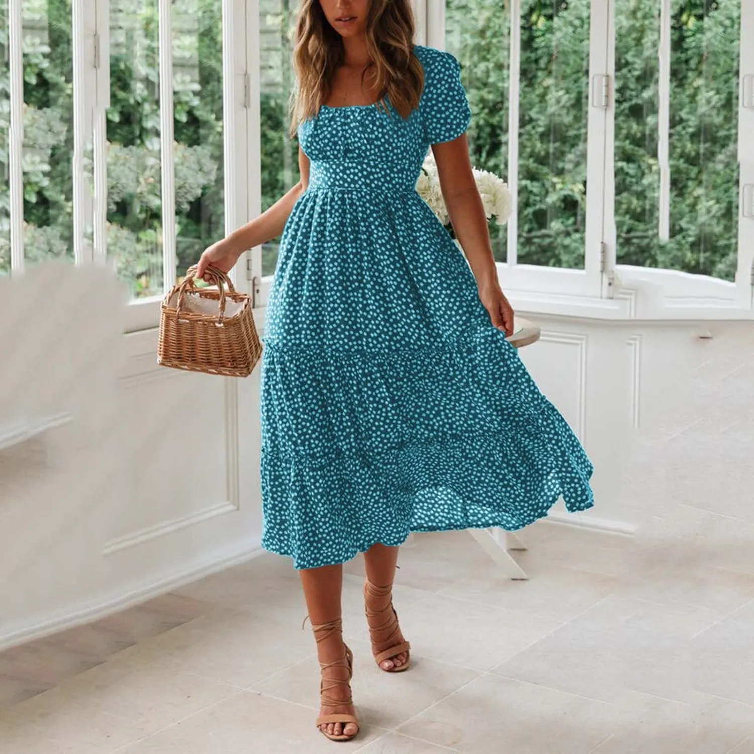NaRHbrg Women's Polka Dot Maxi Dress Square Neck Short Sleeve A-Line Boho Flowy Summer Dress for Beach Vacation