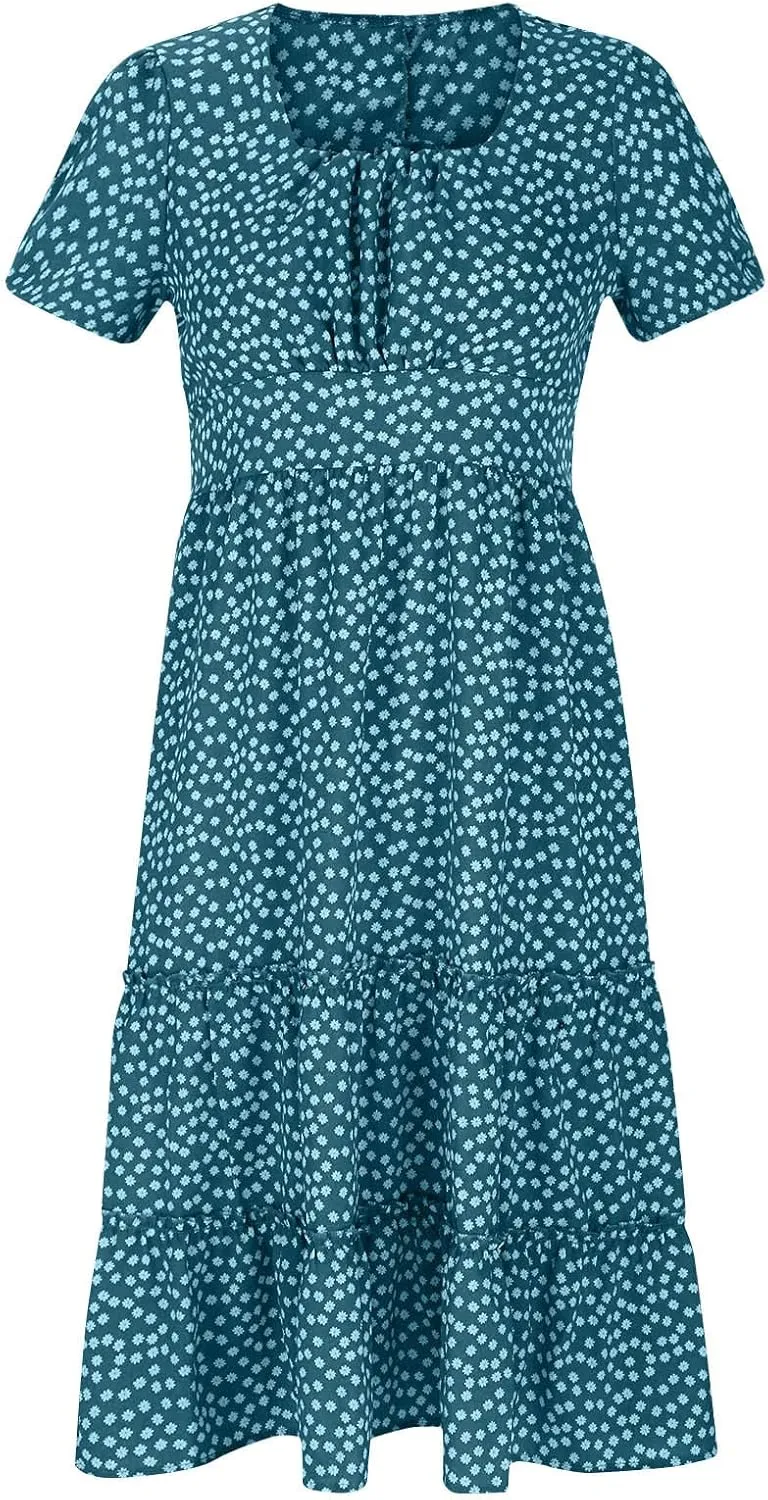 NaRHbrg Women's Polka Dot Maxi Dress Square Neck Short Sleeve A-Line Boho Flowy Summer Dress for Beach Vacation