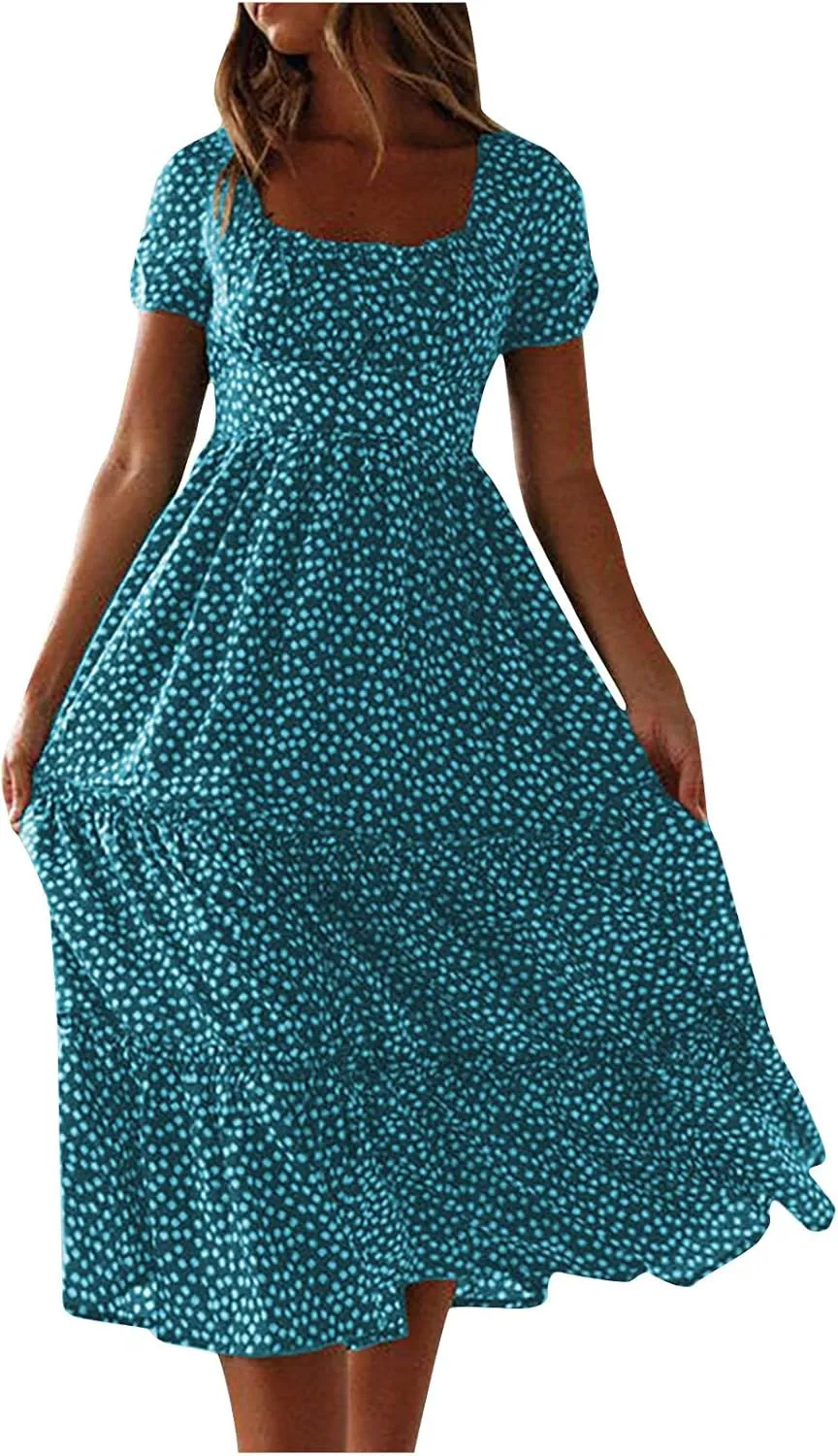 NaRHbrg Women's Polka Dot Maxi Dress Square Neck Short Sleeve A-Line Boho Flowy Summer Dress for Beach Vacation