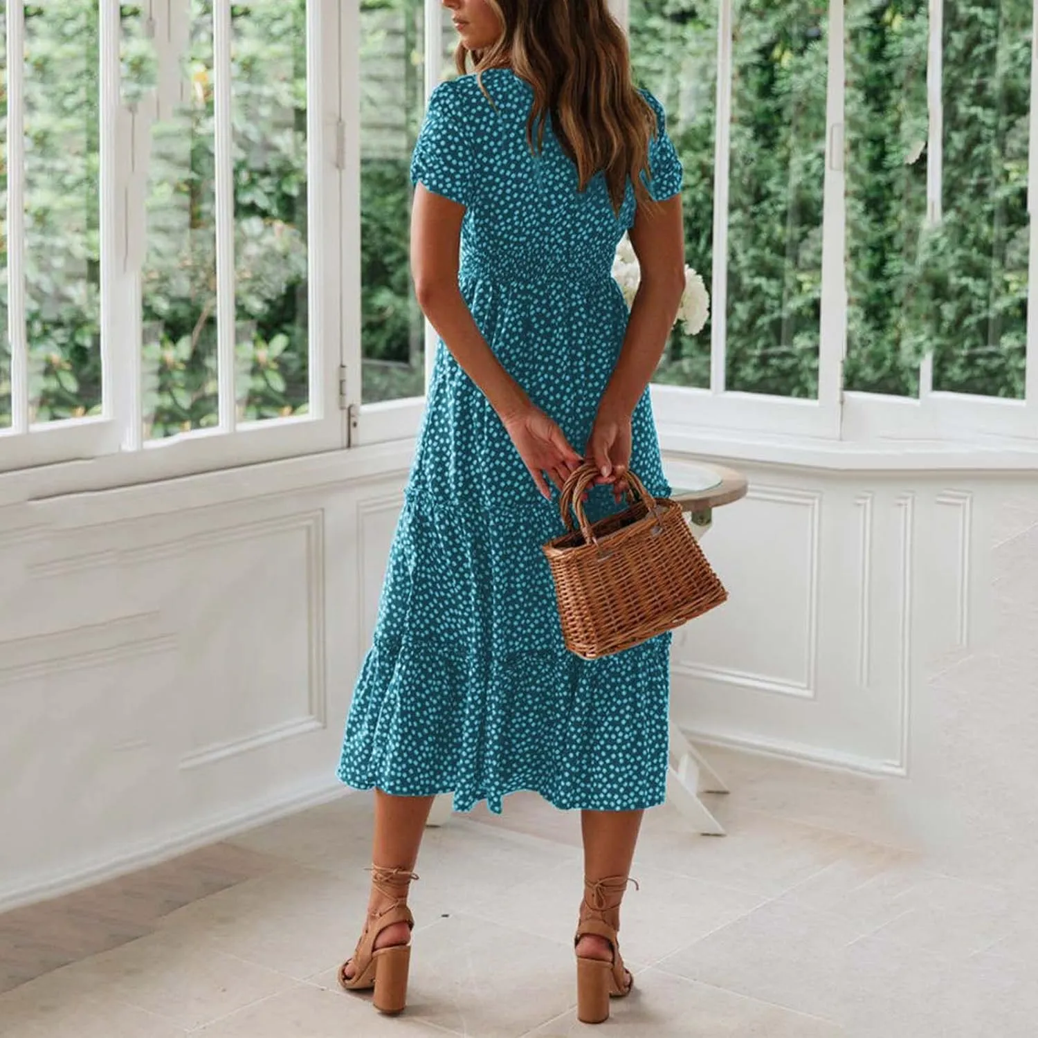 NaRHbrg Women's Polka Dot Maxi Dress Square Neck Short Sleeve A-Line Boho Flowy Summer Dress for Beach Vacation
