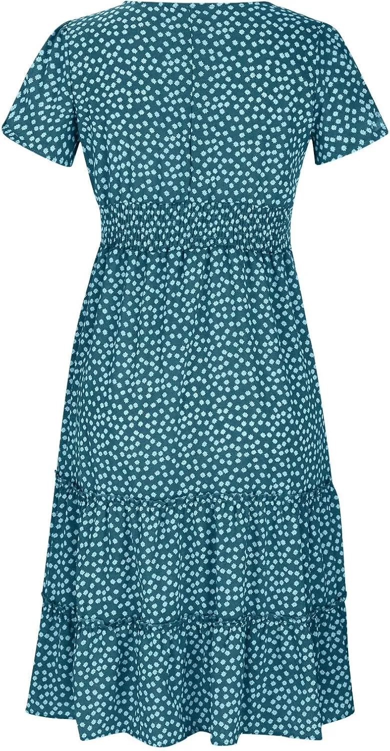 NaRHbrg Women's Polka Dot Maxi Dress Square Neck Short Sleeve A-Line Boho Flowy Summer Dress for Beach Vacation