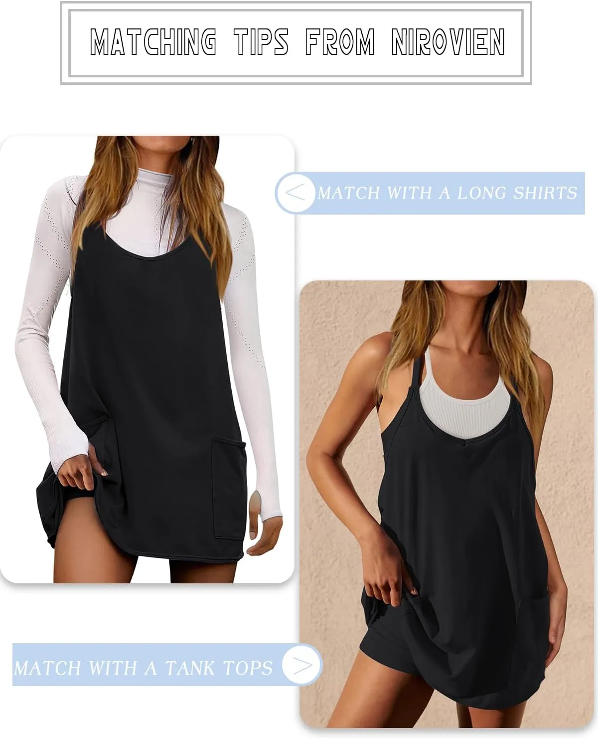 Nirovien Womens Tennis Dress Workout Mini Dress with Shorts Sleeveless Spaghetti Straps Golf Athletic Dresses