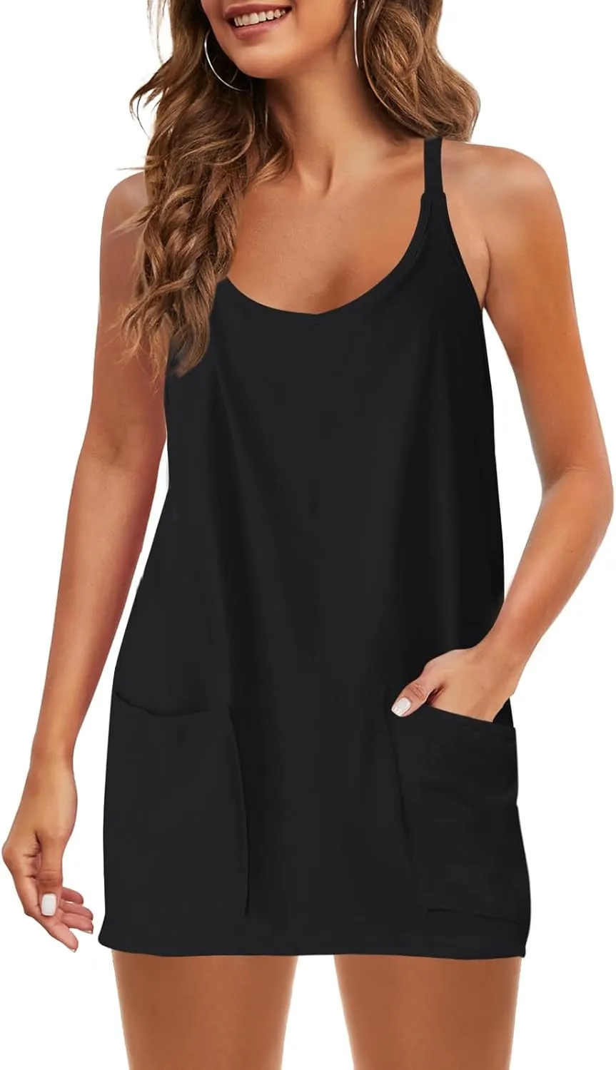 Nirovien Womens Tennis Dress Workout Mini Dress with Shorts Sleeveless Spaghetti Straps Golf Athletic Dresses