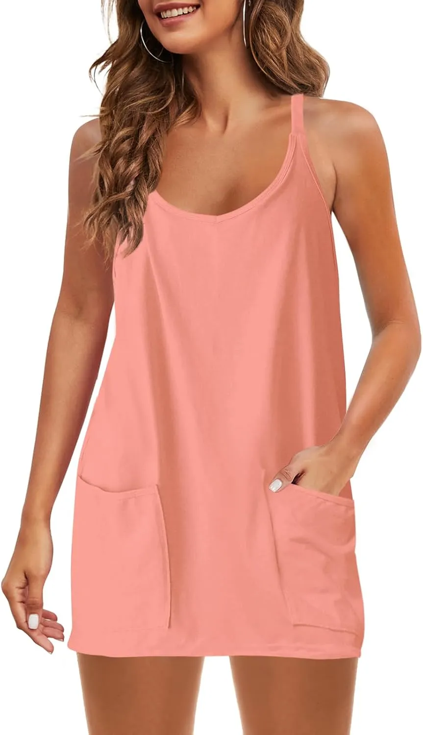 Nirovien Womens Tennis Dress Workout Mini Dress with Shorts Sleeveless Spaghetti Straps Golf Athletic Dresses