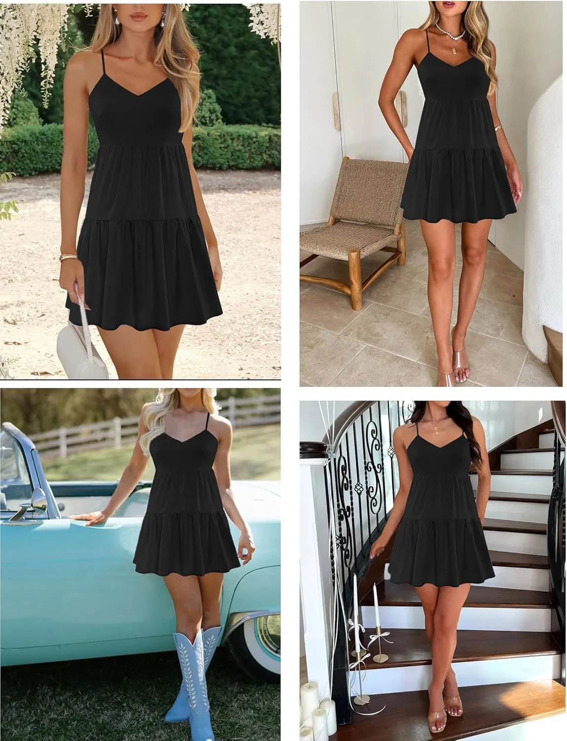 Nova In Sky Womens Summer Dresses 2025 Flowy Boho V-Neck Beach Sundresses Spaghetti Strap Tiered Mini Swing Skater Dress
