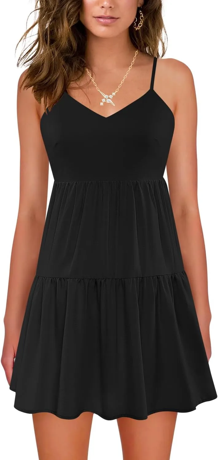Nova In Sky Womens Summer Dresses 2025 Flowy Boho V-Neck Beach Sundresses Spaghetti Strap Tiered Mini Swing Skater Dress