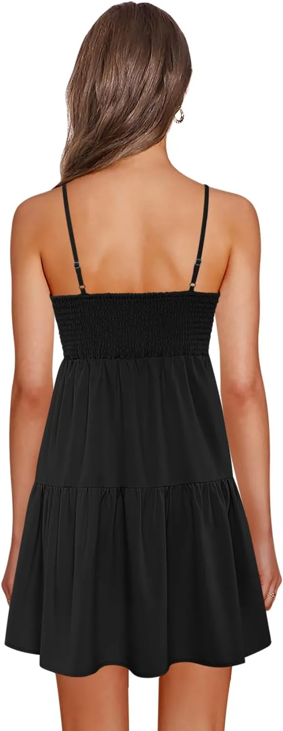 Nova In Sky Womens Summer Dresses 2025 Flowy Boho V-Neck Beach Sundresses Spaghetti Strap Tiered Mini Swing Skater Dress