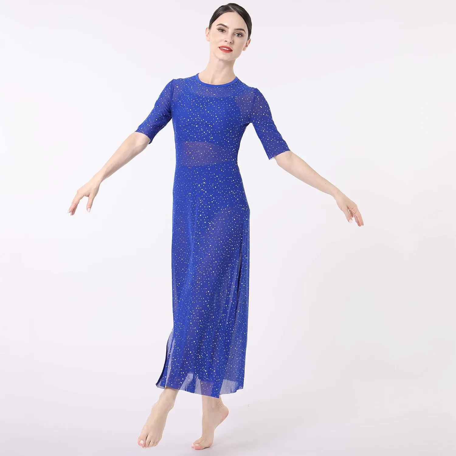 ODASDO 3pcs Women Modern Contemporary Lyrical Dance Costume Power Mesh Side Split Maxi Overdress   Camisole Top   Shorts