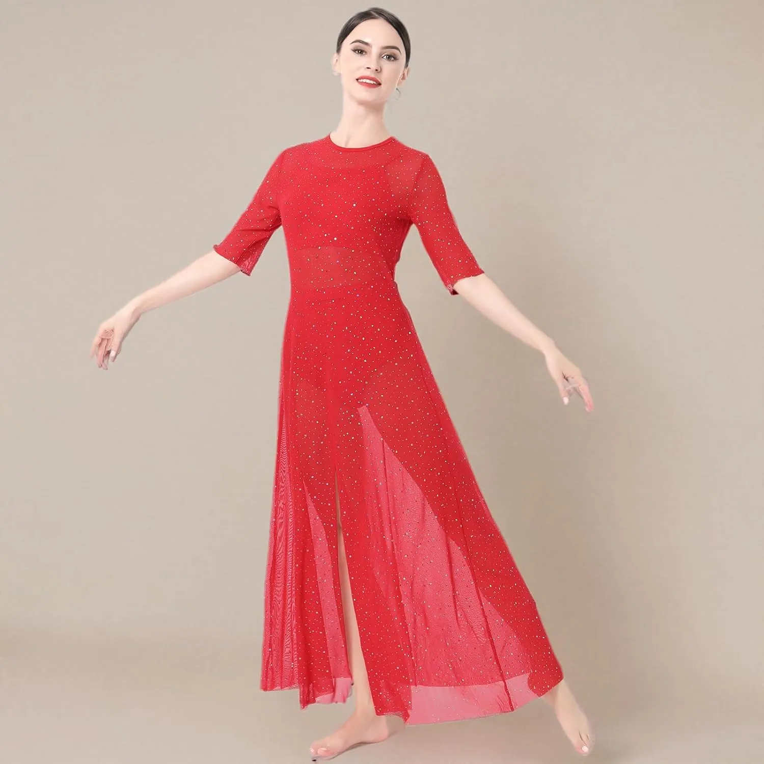 ODASDO 3pcs Women Modern Contemporary Lyrical Dance Costume Power Mesh Side Split Maxi Overdress   Camisole Top   Shorts
