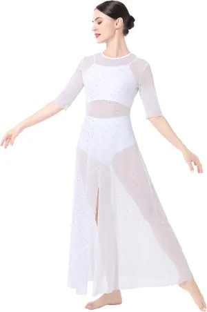 ODASDO 3pcs Women Modern Contemporary Lyrical Dance Costume Power Mesh Side Split Maxi Overdress   Camisole Top   Shorts