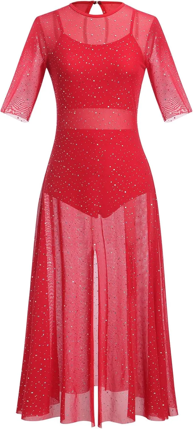 ODASDO 3pcs Women Modern Contemporary Lyrical Dance Costume Power Mesh Side Split Maxi Overdress   Camisole Top   Shorts