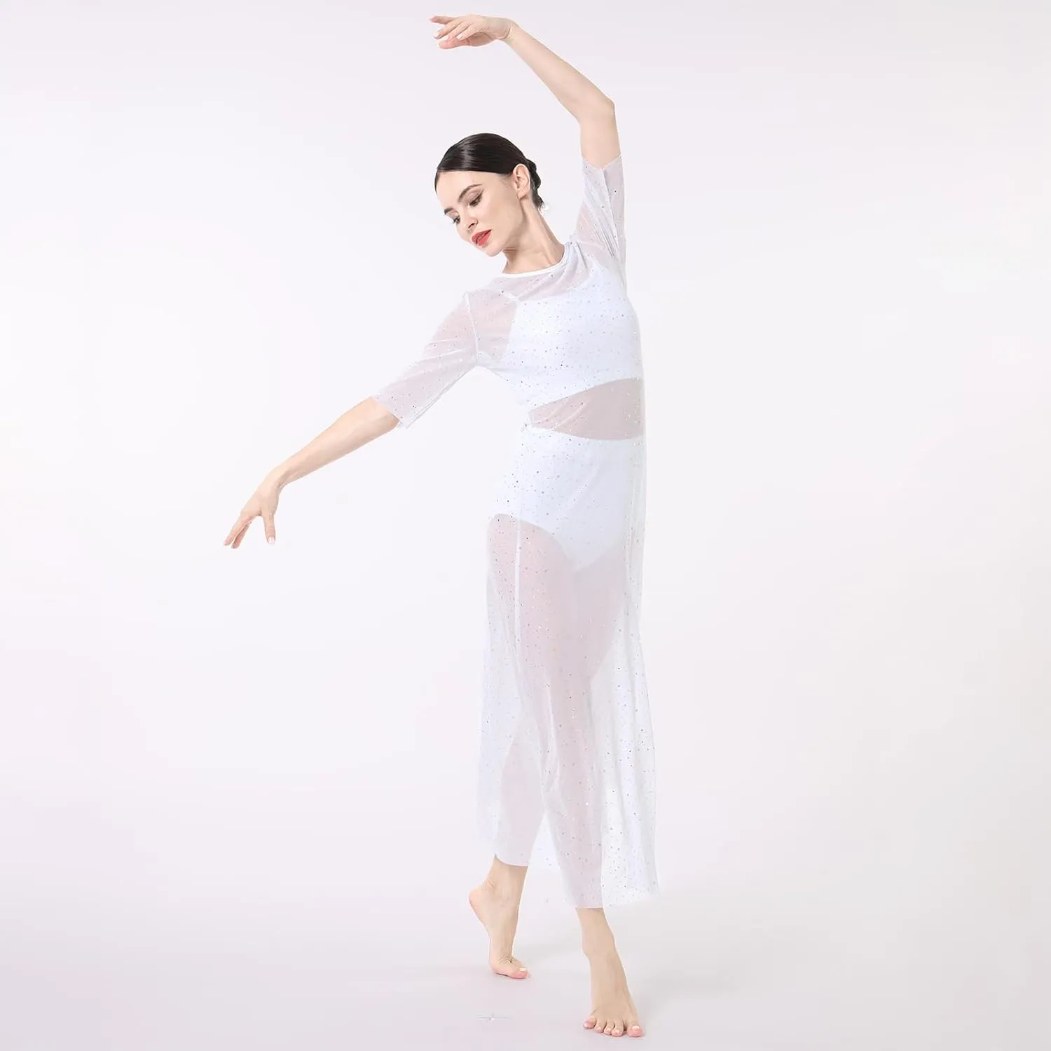 ODASDO 3pcs Women Modern Contemporary Lyrical Dance Costume Power Mesh Side Split Maxi Overdress   Camisole Top   Shorts