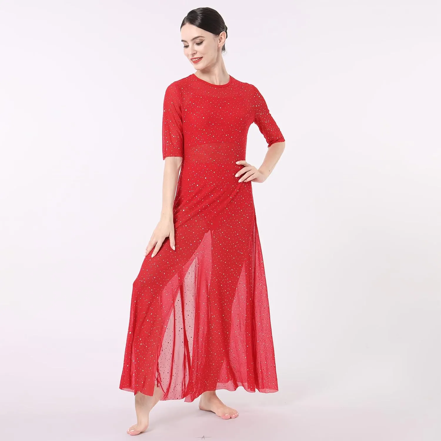 ODASDO 3pcs Women Modern Contemporary Lyrical Dance Costume Power Mesh Side Split Maxi Overdress   Camisole Top   Shorts