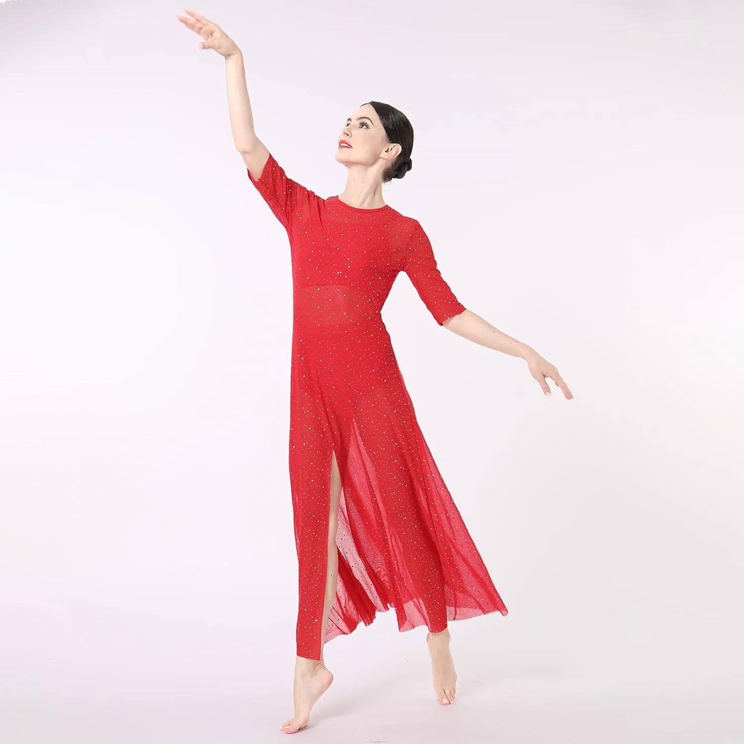 ODASDO 3pcs Women Modern Contemporary Lyrical Dance Costume Power Mesh Side Split Maxi Overdress   Camisole Top   Shorts
