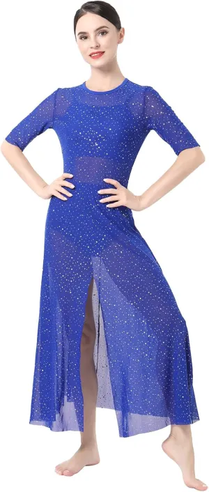 ODASDO 3pcs Women Modern Contemporary Lyrical Dance Costume Power Mesh Side Split Maxi Overdress   Camisole Top   Shorts