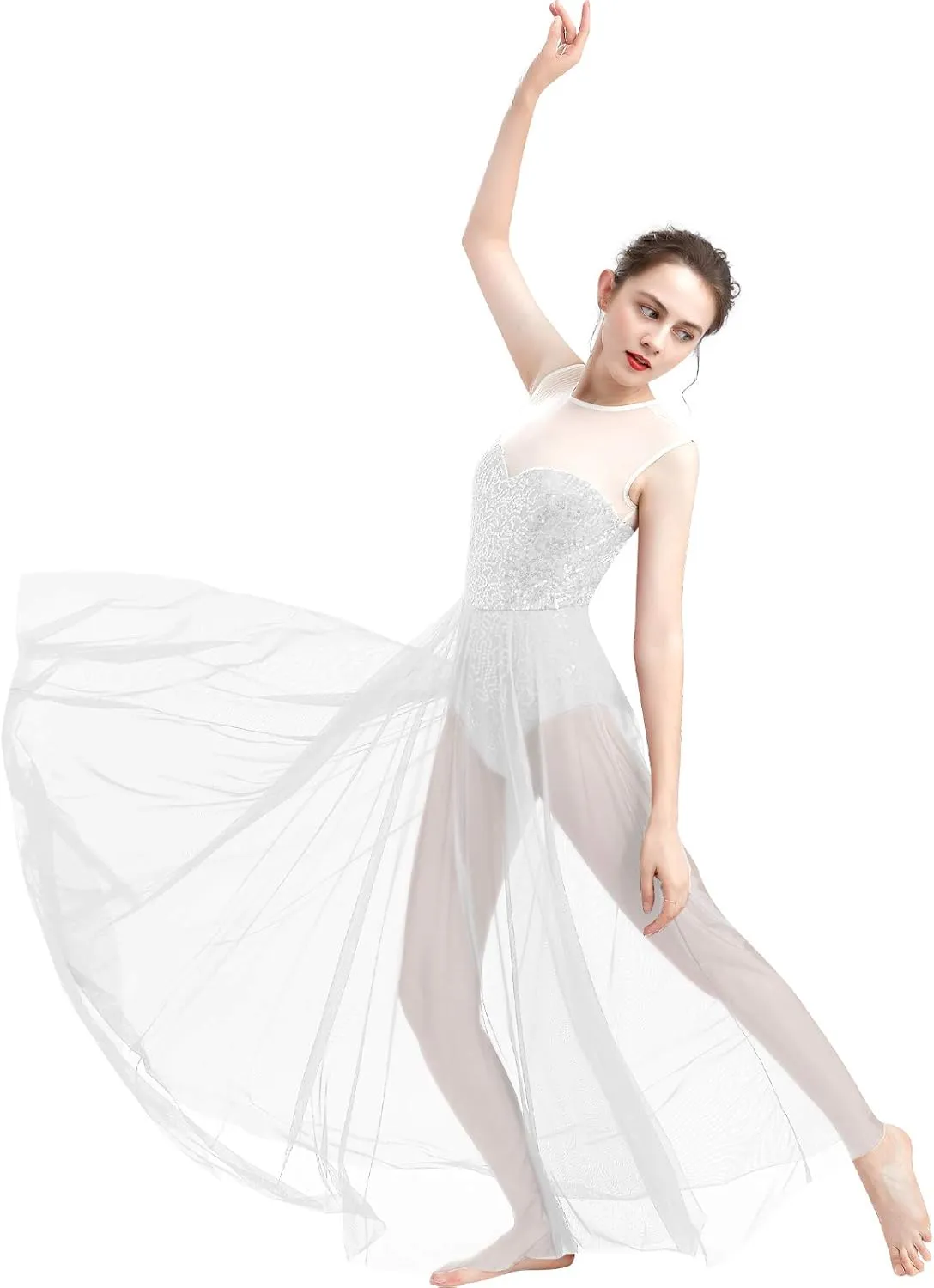 ODASDO Women Lyrical Dance Dress Modern Contemporary Dancewear Costume Sequins Tank Leotard Tulle Maxi Overlay Dress