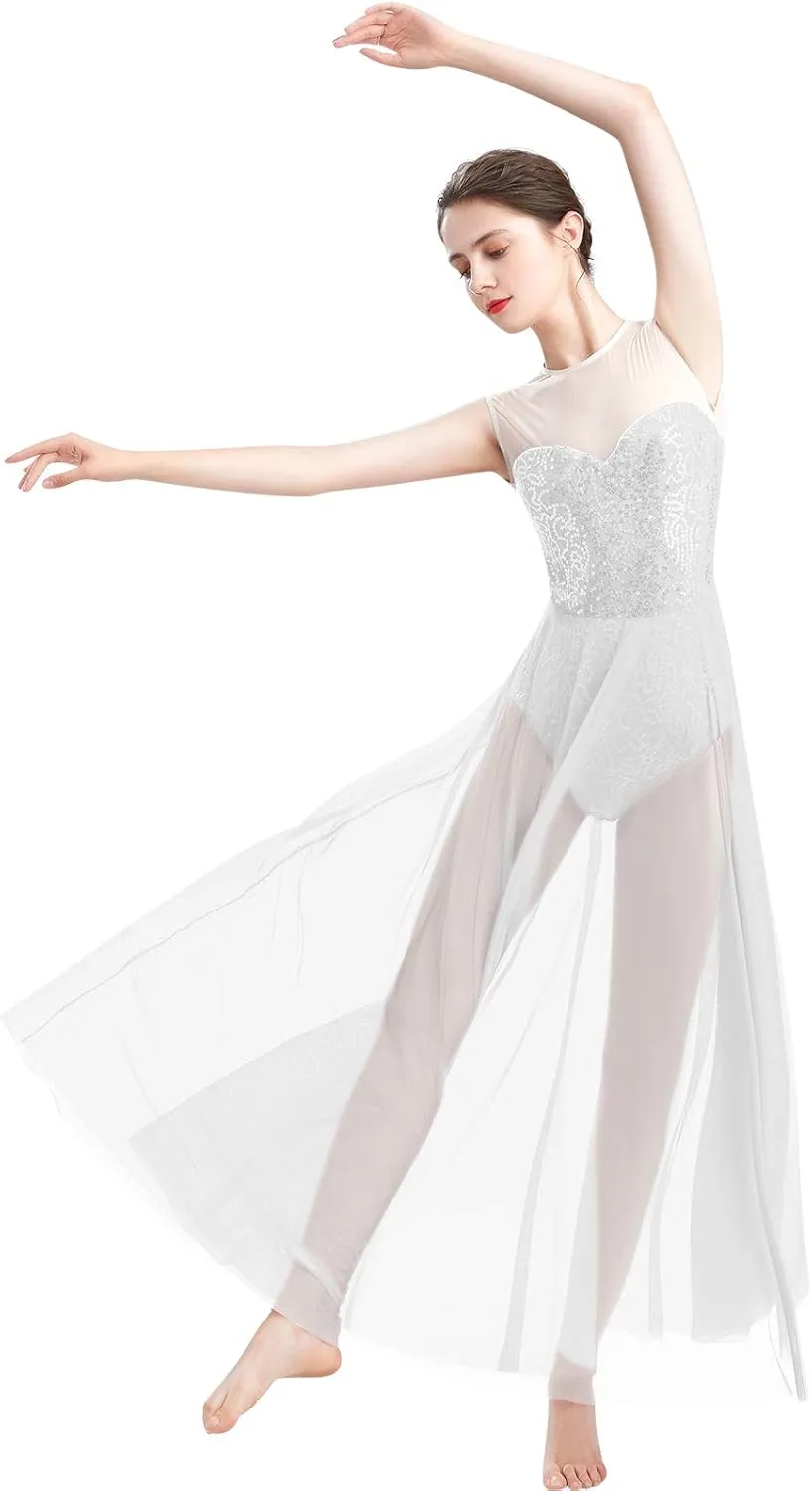 ODASDO Women Lyrical Dance Dress Modern Contemporary Dancewear Costume Sequins Tank Leotard Tulle Maxi Overlay Dress