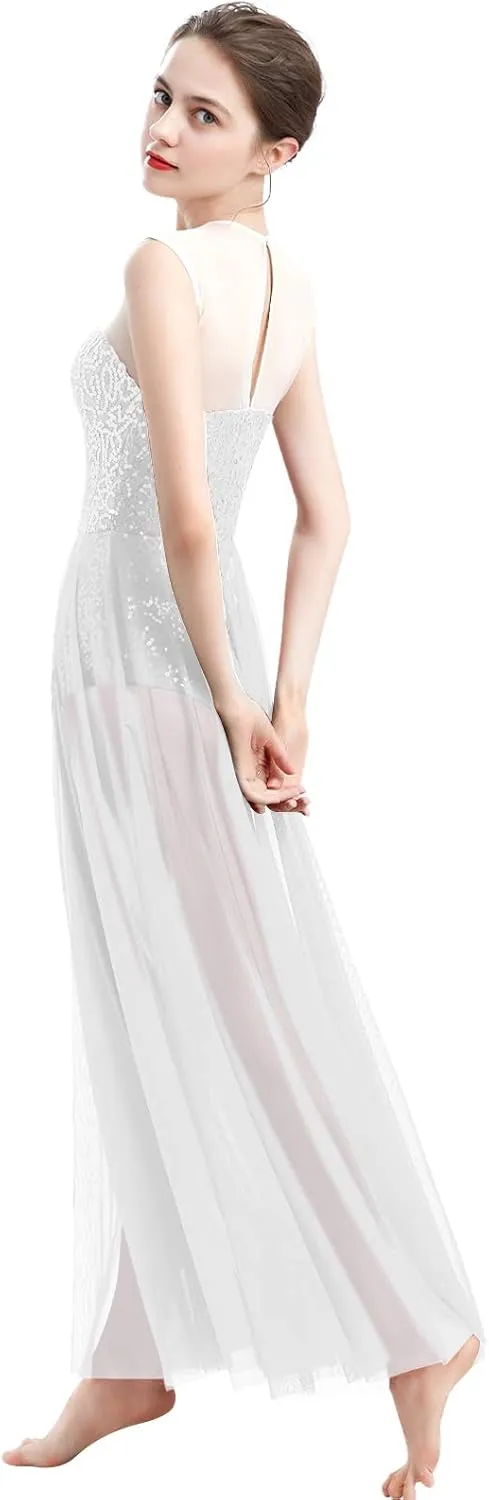 ODASDO Women Lyrical Dance Dress Modern Contemporary Dancewear Costume Sequins Tank Leotard Tulle Maxi Overlay Dress