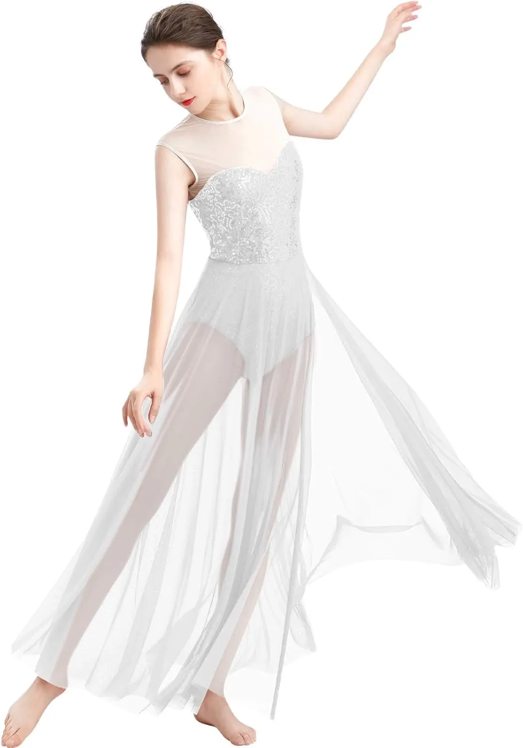 ODASDO Women Lyrical Dance Dress Modern Contemporary Dancewear Costume Sequins Tank Leotard Tulle Maxi Overlay Dress