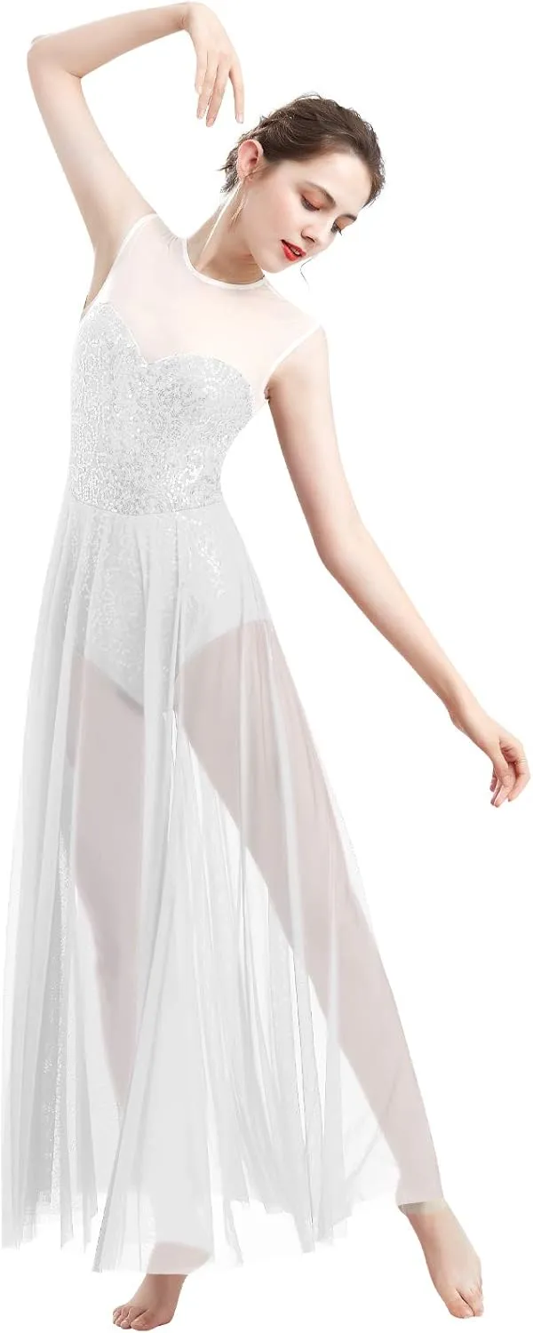 ODASDO Women Lyrical Dance Dress Modern Contemporary Dancewear Costume Sequins Tank Leotard Tulle Maxi Overlay Dress
