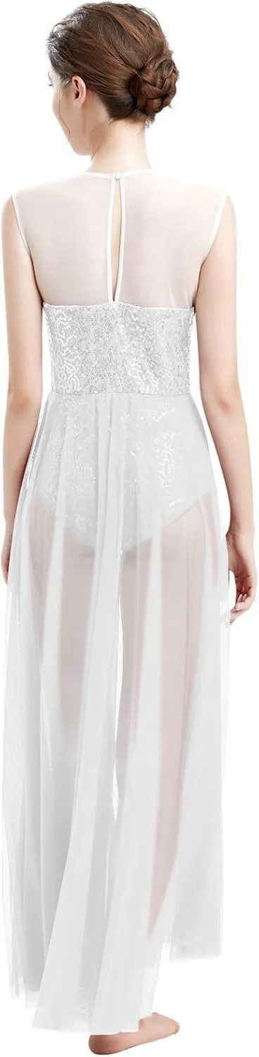 ODASDO Women Lyrical Dance Dress Modern Contemporary Dancewear Costume Sequins Tank Leotard Tulle Maxi Overlay Dress