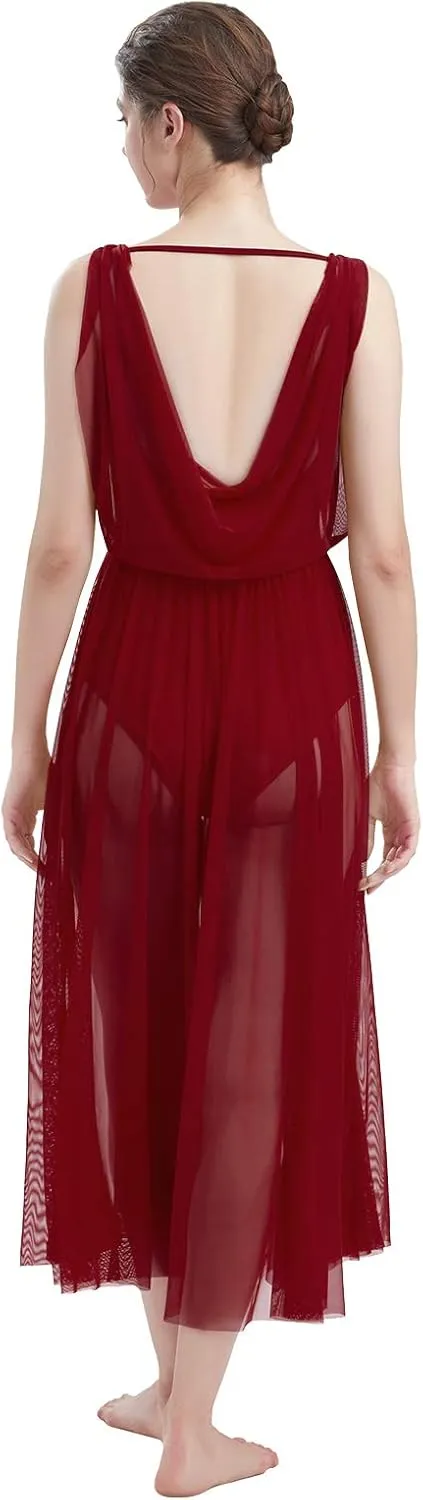 ODASDO Women Lyrical Modern Contemporary Dance Costume Leotard V-Neck Backless Split Tulle Skirt Flowy Overlay Dress
