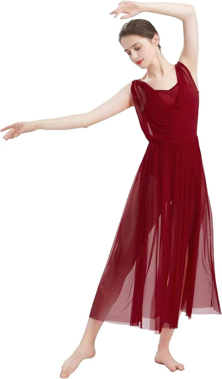 ODASDO Women Lyrical Modern Contemporary Dance Costume Leotard V-Neck Backless Split Tulle Skirt Flowy Overlay Dress