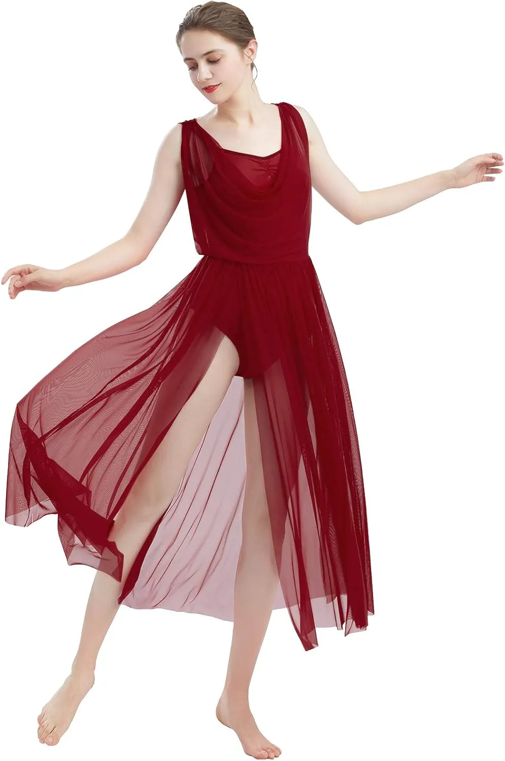 ODASDO Women Lyrical Modern Contemporary Dance Costume Leotard V-Neck Backless Split Tulle Skirt Flowy Overlay Dress