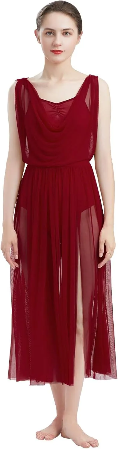 ODASDO Women Lyrical Modern Contemporary Dance Costume Leotard V-Neck Backless Split Tulle Skirt Flowy Overlay Dress