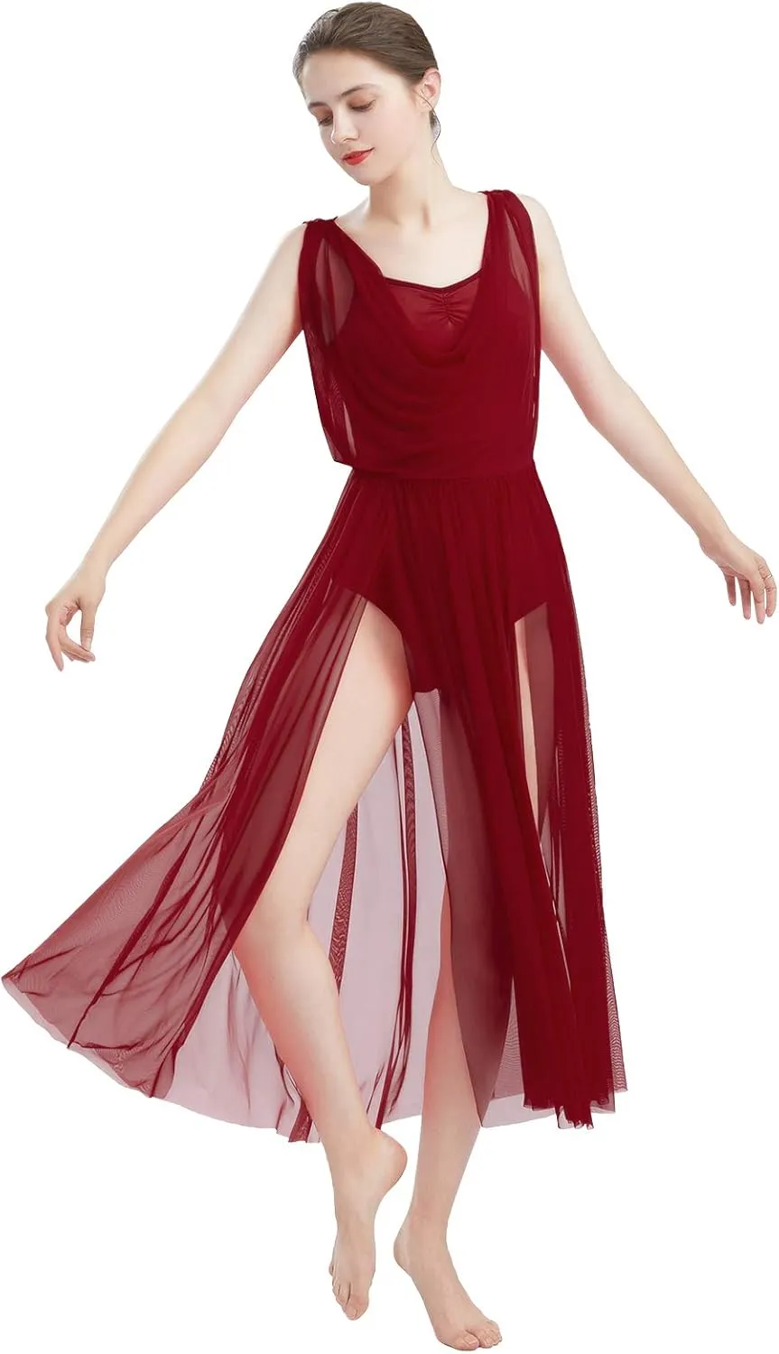 ODASDO Women Lyrical Modern Contemporary Dance Costume Leotard V-Neck Backless Split Tulle Skirt Flowy Overlay Dress