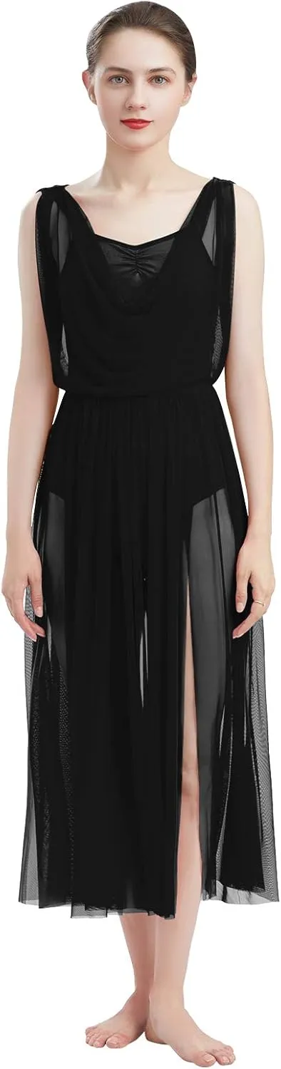 ODASDO Women Lyrical Modern Contemporary Dance Costume Leotard V-Neck Backless Split Tulle Skirt Flowy Overlay Dress