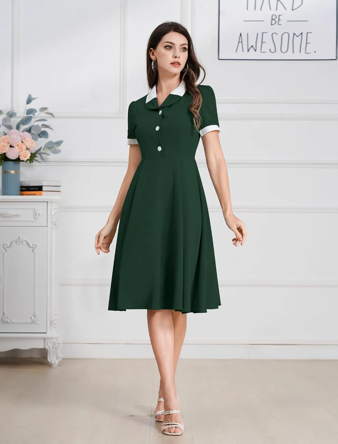 ODIZLI 1950s Dresses for Women 50s Dress Retro Dress Short Puff Sleeve V Neck Swing Dress Cocktail Dress