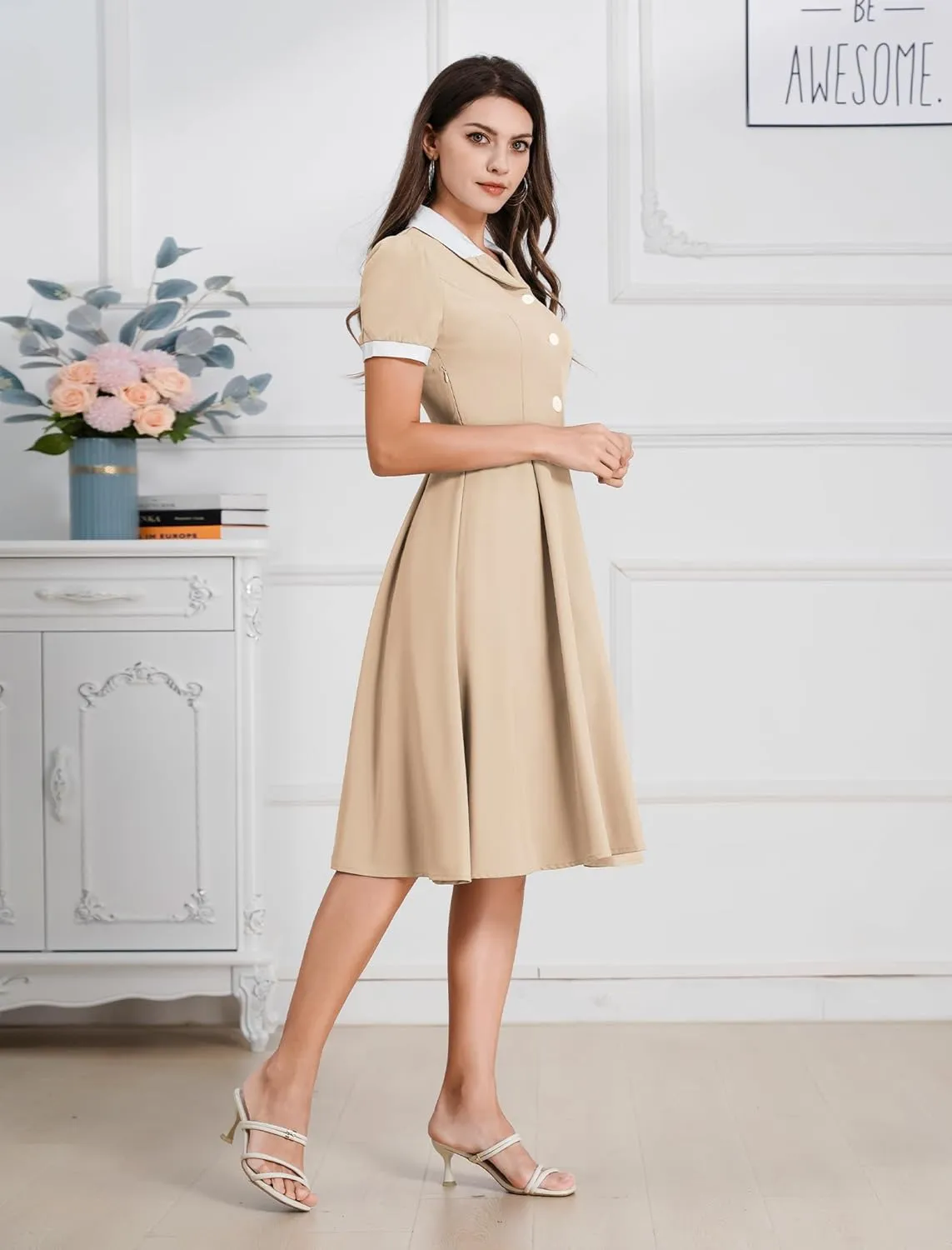 ODIZLI 1950s Dresses for Women 50s Dress Retro Dress Short Puff Sleeve V Neck Swing Dress Cocktail Dress