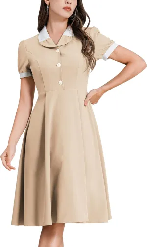 ODIZLI 1950s Dresses for Women 50s Dress Retro Dress Short Puff Sleeve V Neck Swing Dress Cocktail Dress