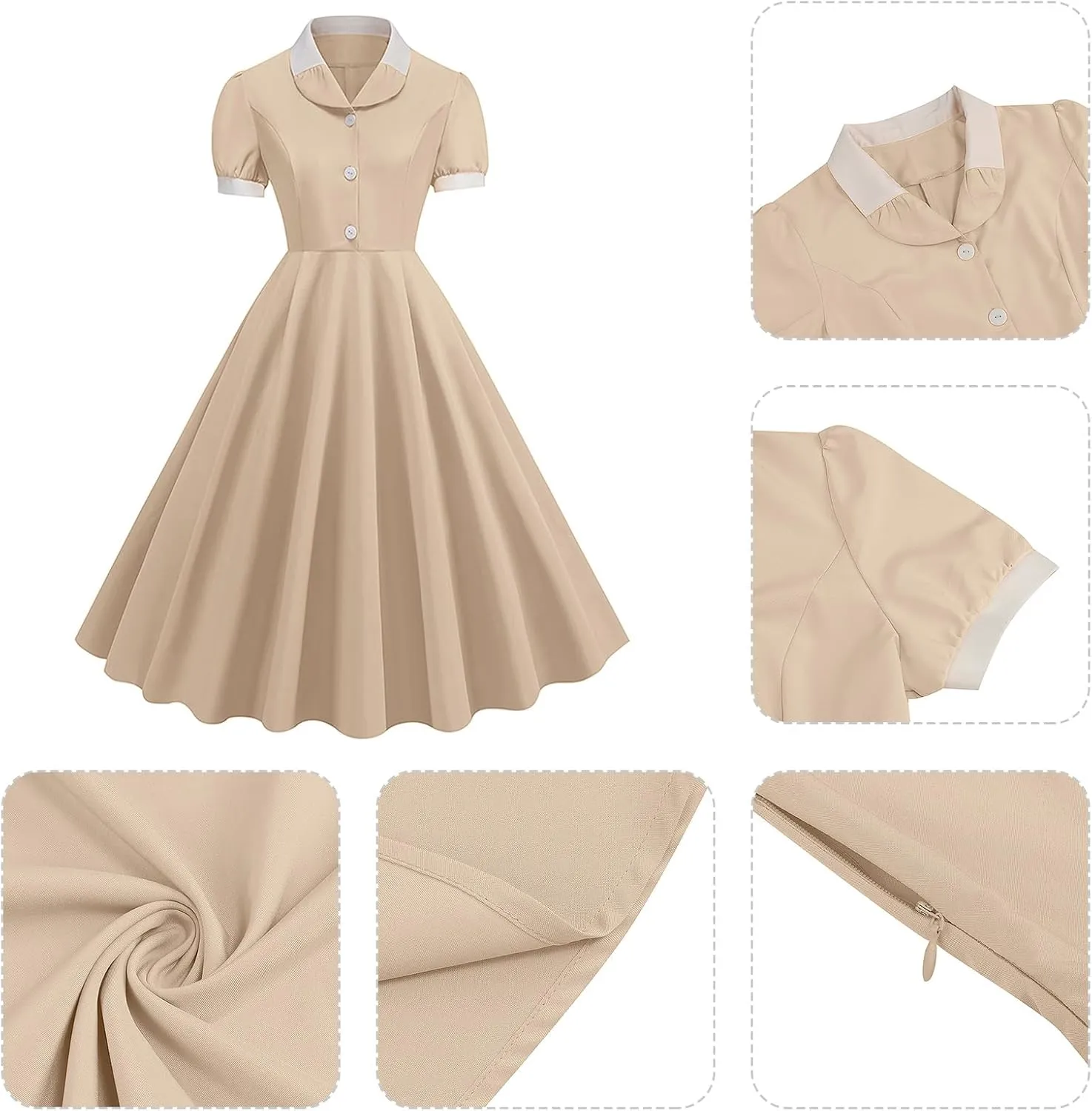 ODIZLI 1950s Dresses for Women 50s Dress Retro Dress Short Puff Sleeve V Neck Swing Dress Cocktail Dress