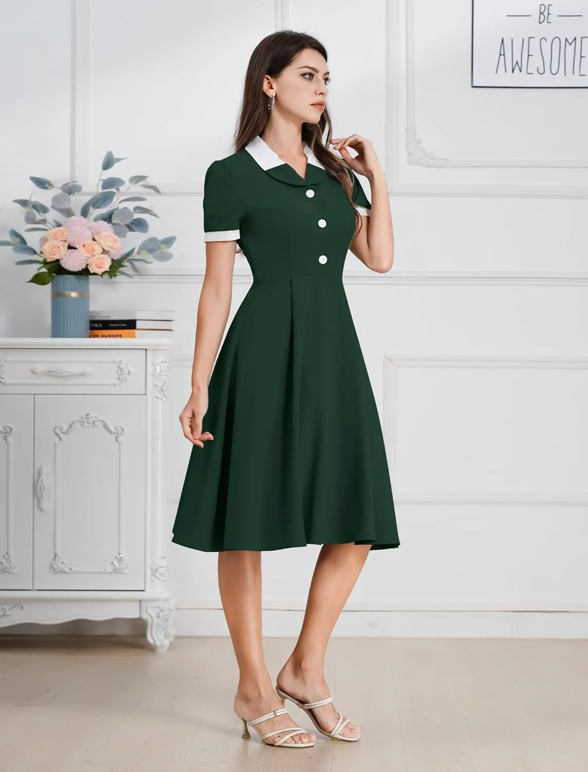 ODIZLI 1950s Dresses for Women 50s Dress Retro Dress Short Puff Sleeve V Neck Swing Dress Cocktail Dress