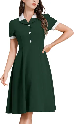 ODIZLI 1950s Dresses for Women 50s Dress Retro Dress Short Puff Sleeve V Neck Swing Dress Cocktail Dress