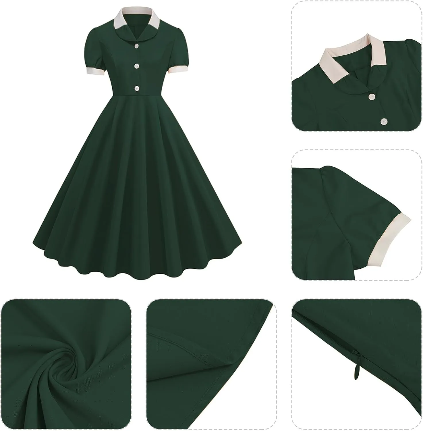 ODIZLI 1950s Dresses for Women 50s Dress Retro Dress Short Puff Sleeve V Neck Swing Dress Cocktail Dress