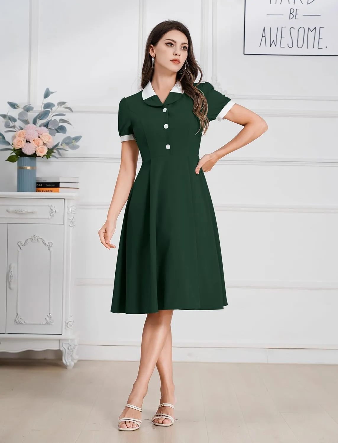 ODIZLI 1950s Dresses for Women 50s Dress Retro Dress Short Puff Sleeve V Neck Swing Dress Cocktail Dress
