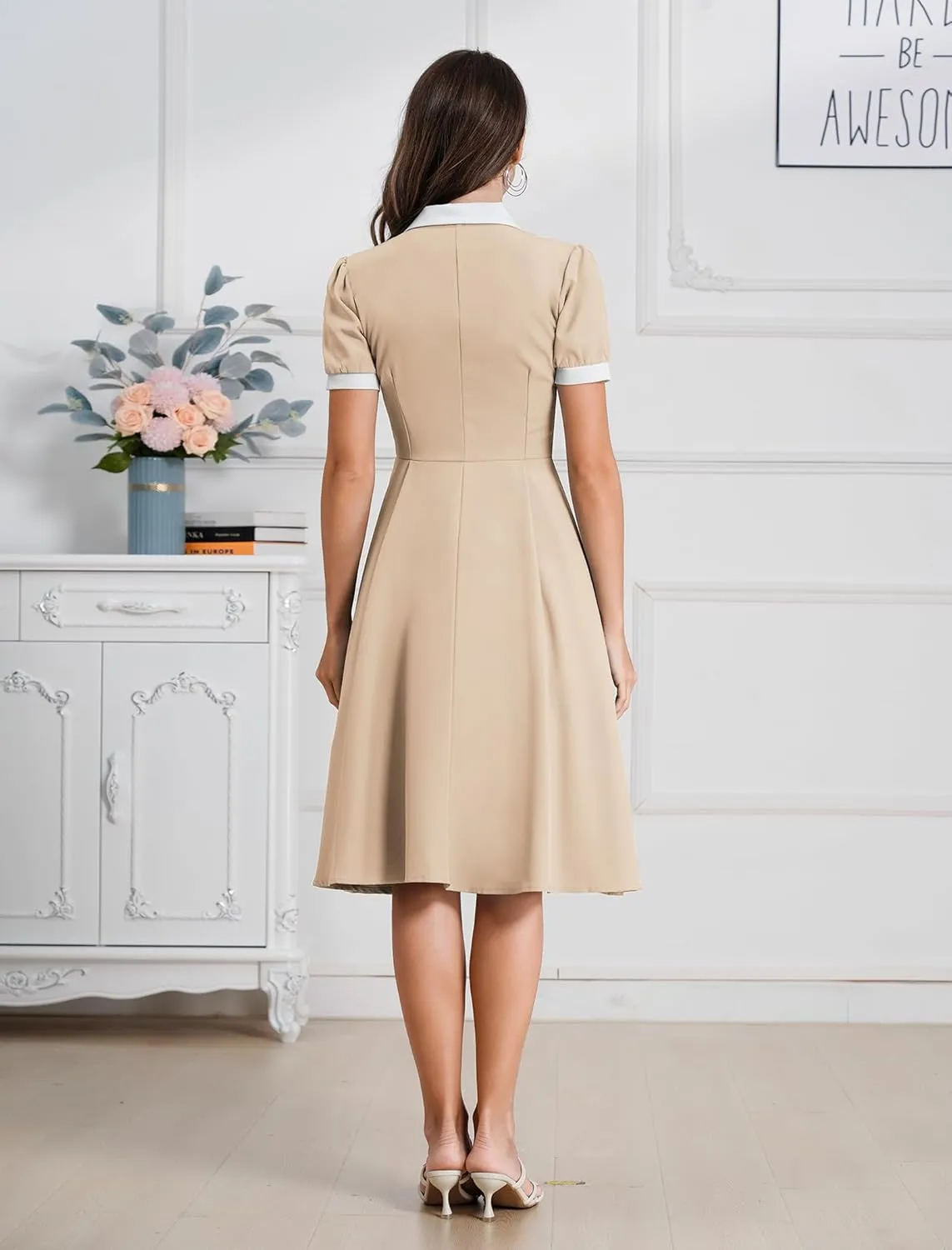 ODIZLI 1950s Dresses for Women 50s Dress Retro Dress Short Puff Sleeve V Neck Swing Dress Cocktail Dress